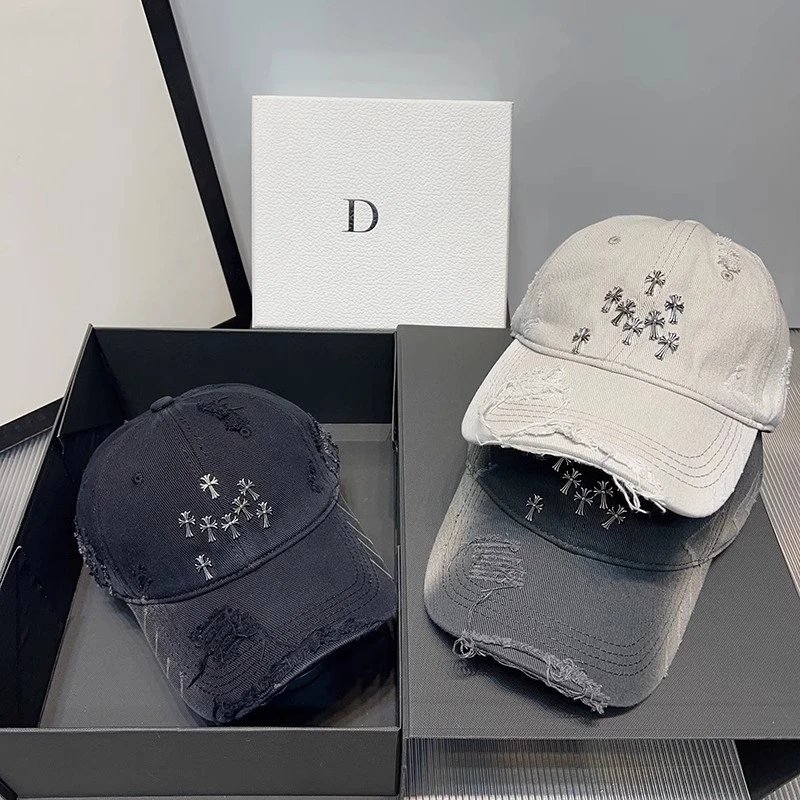 Distressed Denim Baseball Cap Gray Black Off White Embroidered Palm Tree