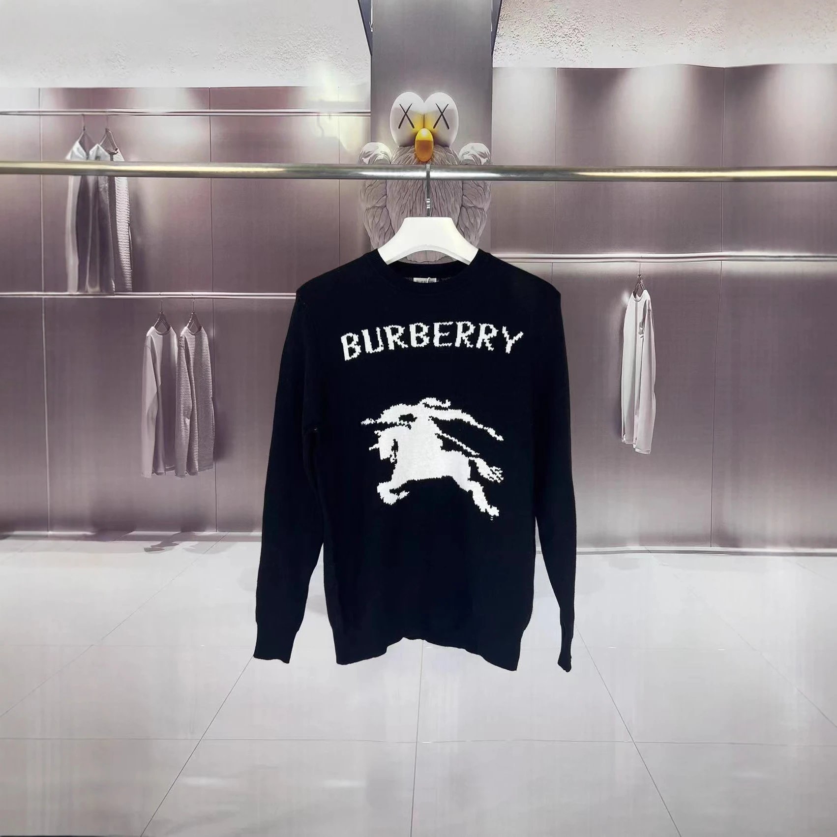 Burberry Knit Sweater Black Equestrian Logo Crewneck