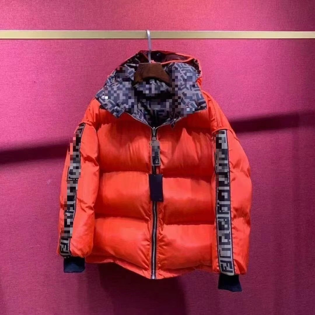 Unbranded Down Jackets Puffer Jacket with Patterned Trim — Orange-red