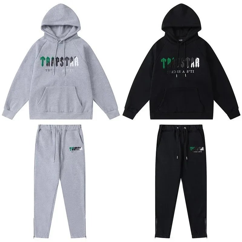 Trapstar Graphic Hooded Sweatshirt And Jogger Set Gray Black Streetwear