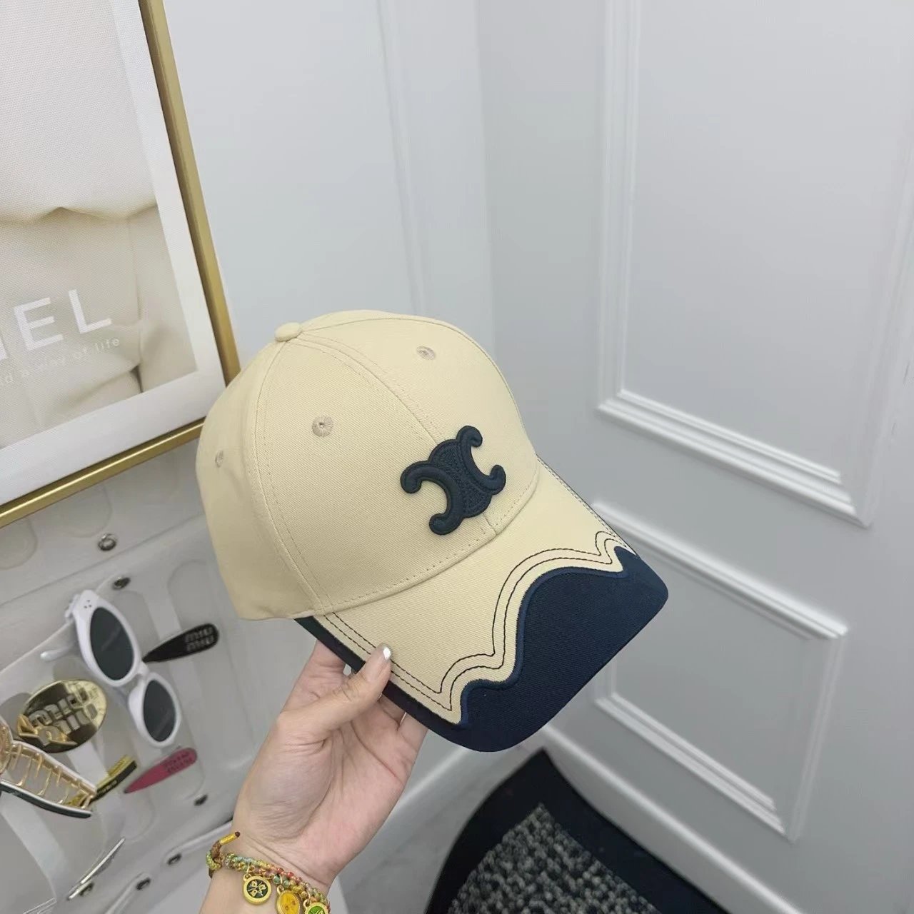 Celine Logo Embroidered Gray And Beige Wavy Brim Baseball Cap