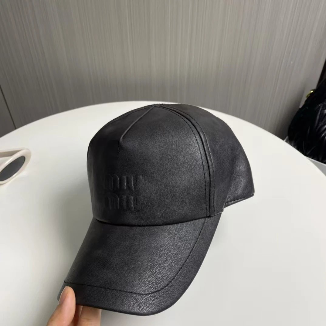 Miu Hats Embossed Logo Leather Baseball Cap — Black