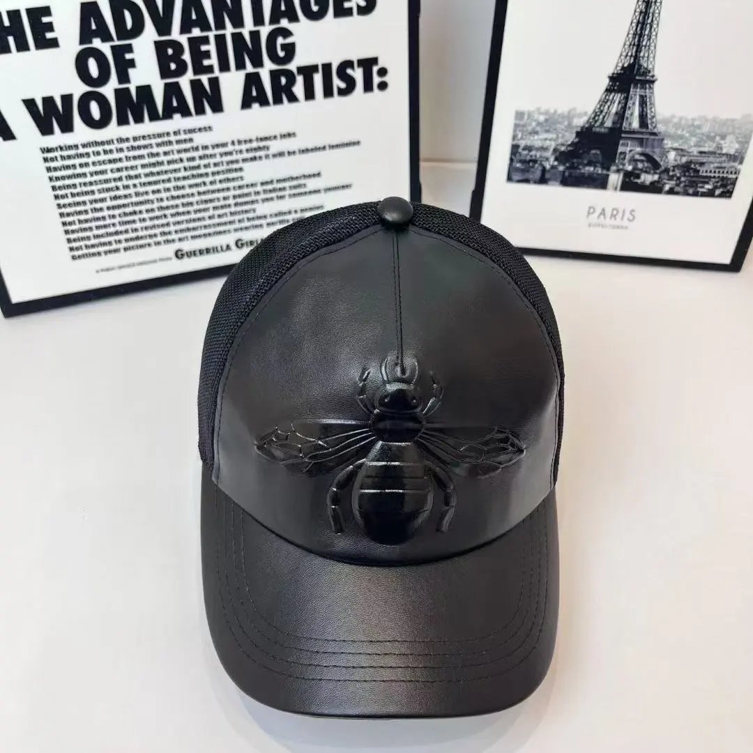 Black Leather Bee Embroidered Trucker Cap