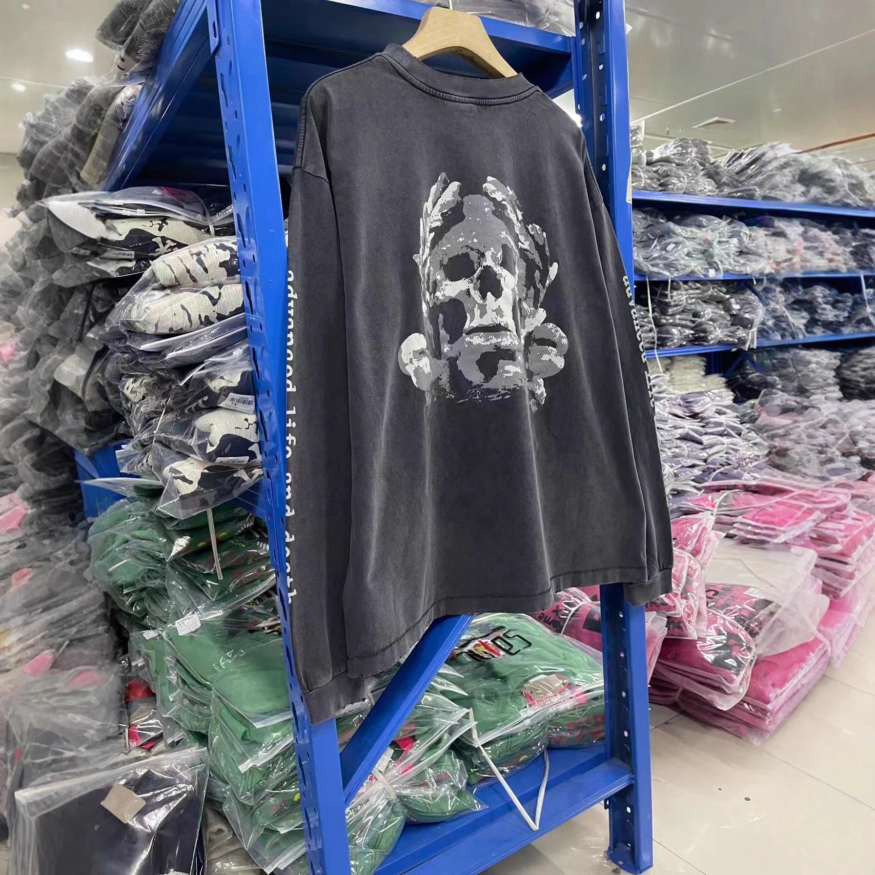 Skull Print Charcoal Washed Oversized Long Sleeve T-Shirt