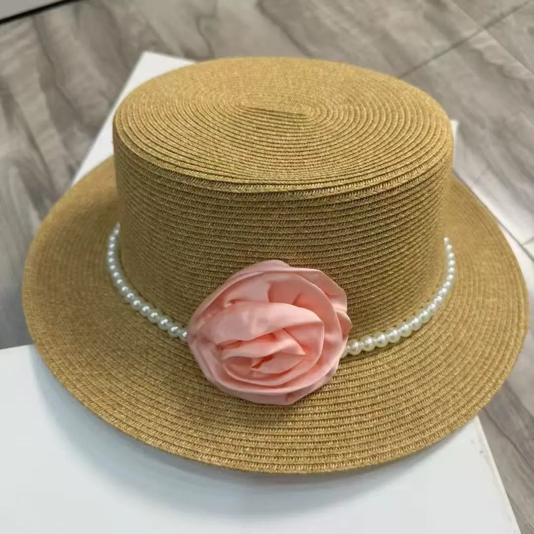 Straw Fedora Hat Beige Pink White Blue Black Floral Pearl Trim