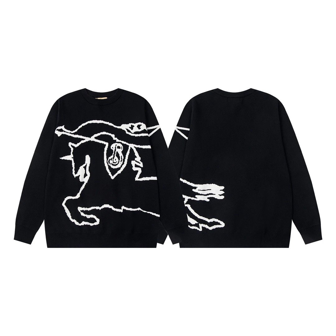 Burberry Knit Sweater Black Equestrian Logo Crewneck