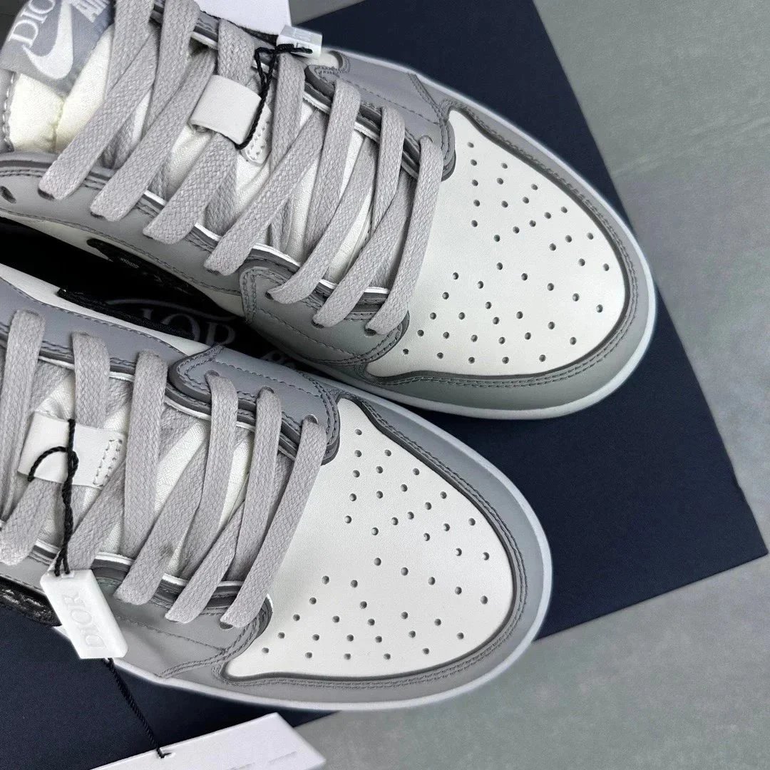 Dior X Nike Air Jordan 1 Grey White Oblique Pattern High Top Sneakers