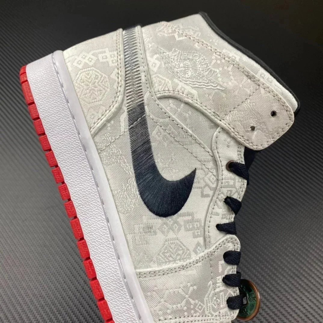 Nike Air Jordan 1 White Red Brocade High Top Sneakers