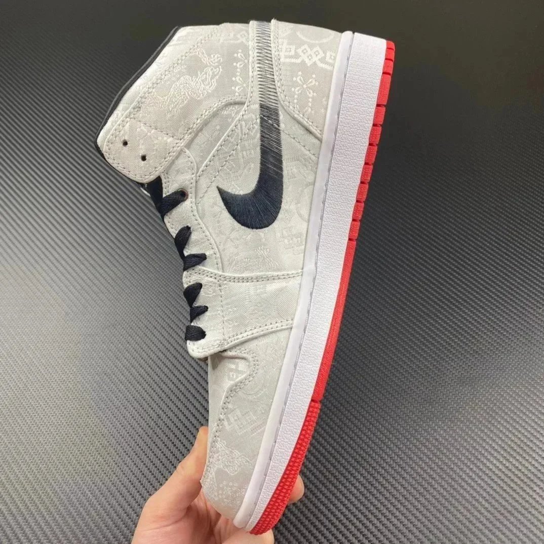 Nike Air Jordan 1 White Red Brocade High Top Sneakers