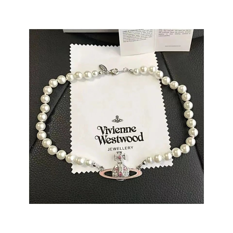 Vivienne Westwood Orb Pink Enamel Pearl Necklace