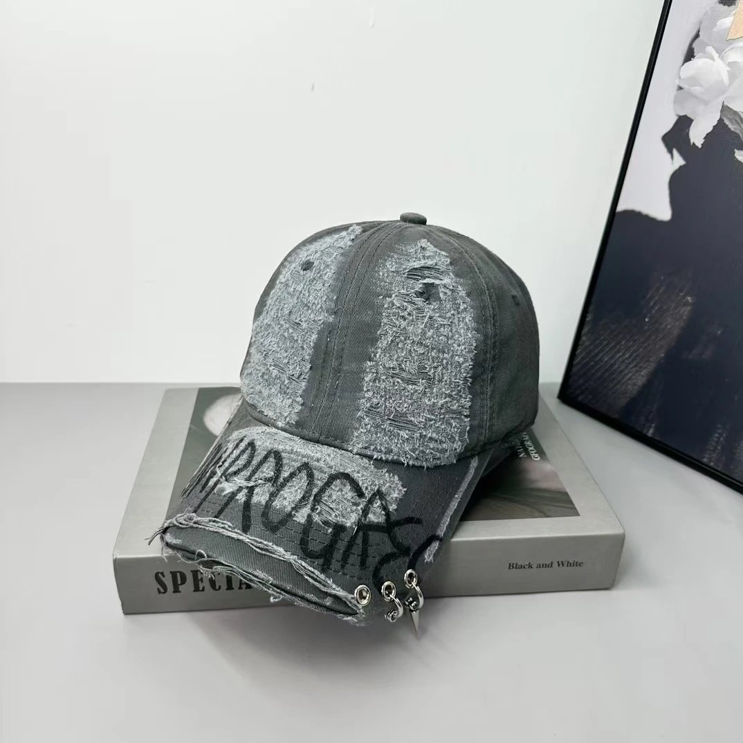 Distressed White Denim Baseball Cap with Graffiti Print and Metal Rivets