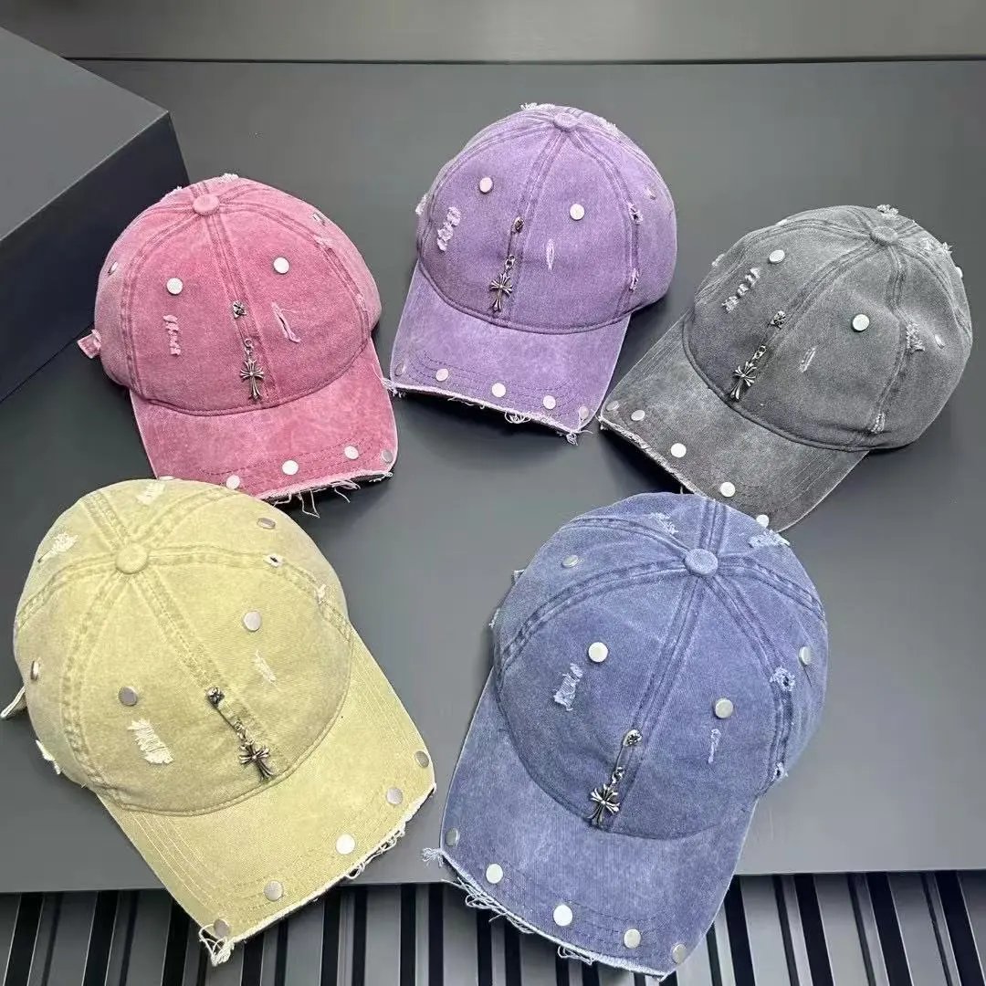 Distressed Denim Baseball Cap with Cross Charm and Rivets Vintage Style