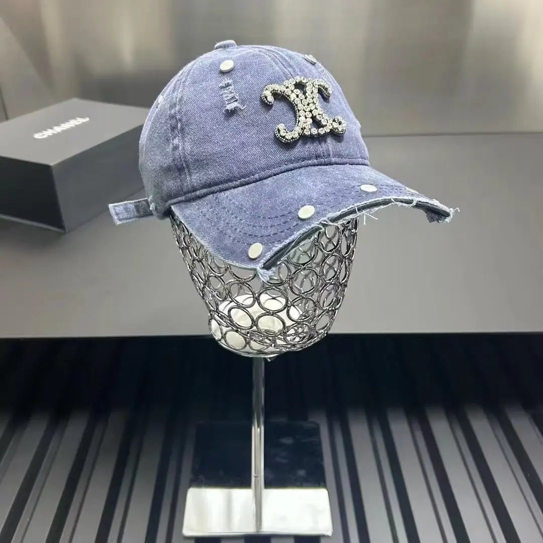 Chanel Hats Distressed Rhinestone Double-C Baseball Cap — Blue
