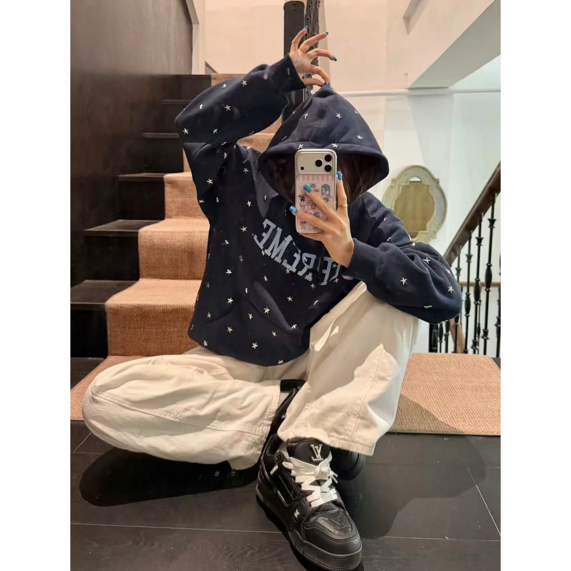 Star Print Hooded Sweatshirt Navy Blue Streetwear