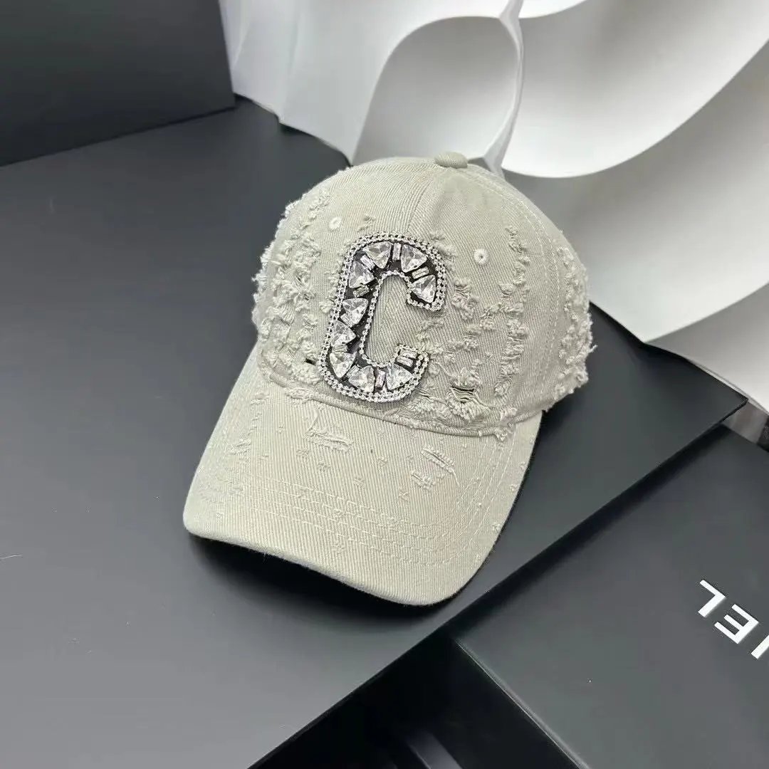 Unbranded Hats Distressed Rhinestone C Letter Baseball Cap — Khaki