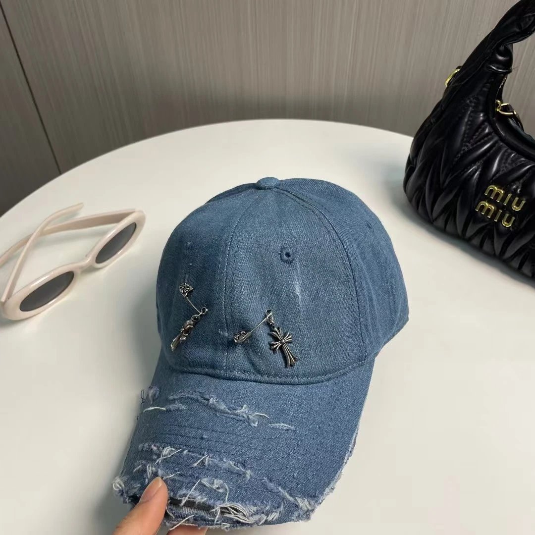 Denim Baseball Cap Black and Blue Distressed Embellished Cross Charm Cap