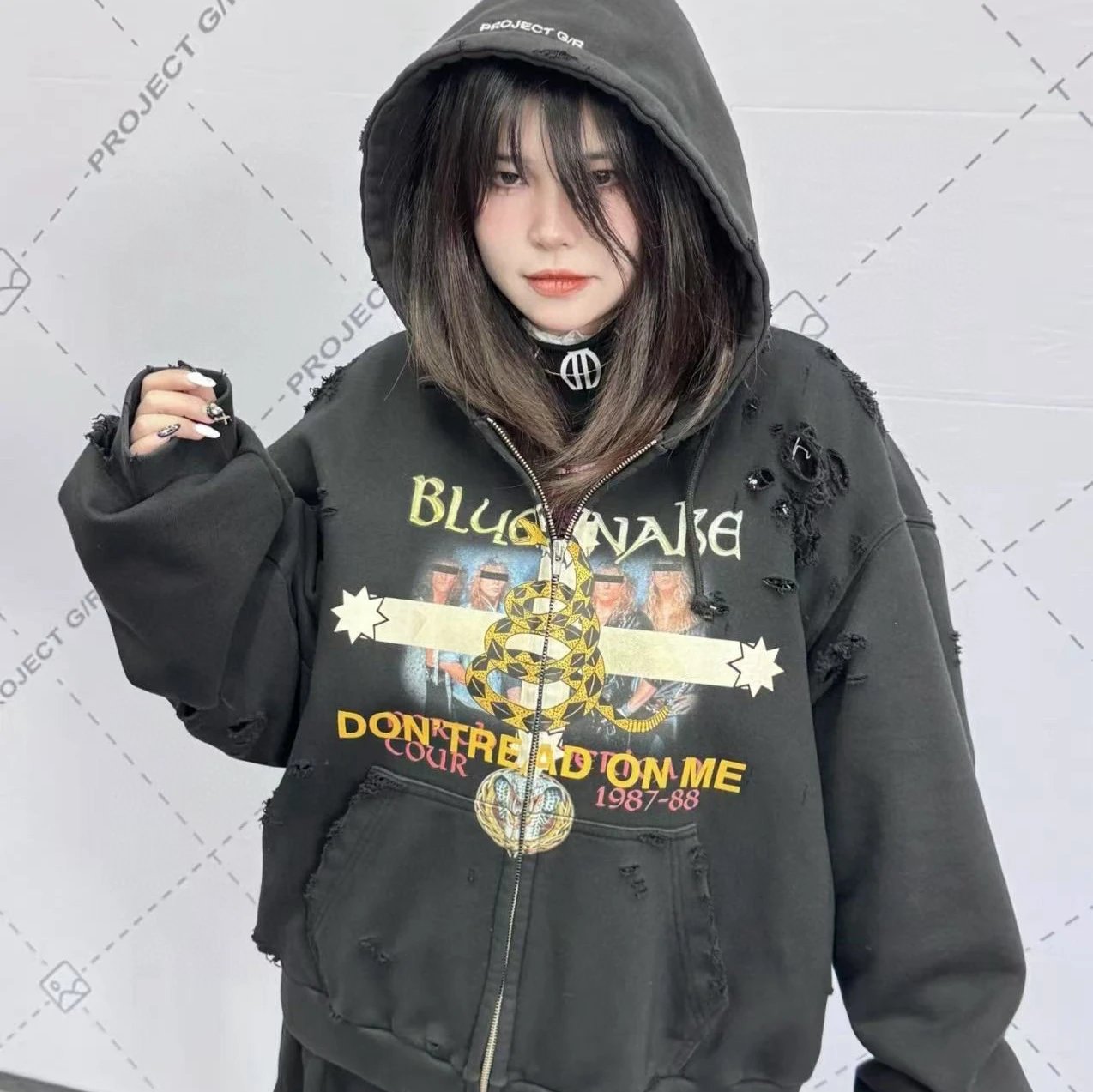 Black Graphic Print Hooded Jacket Blue Distressed Wide Leg Jeans Streetwear