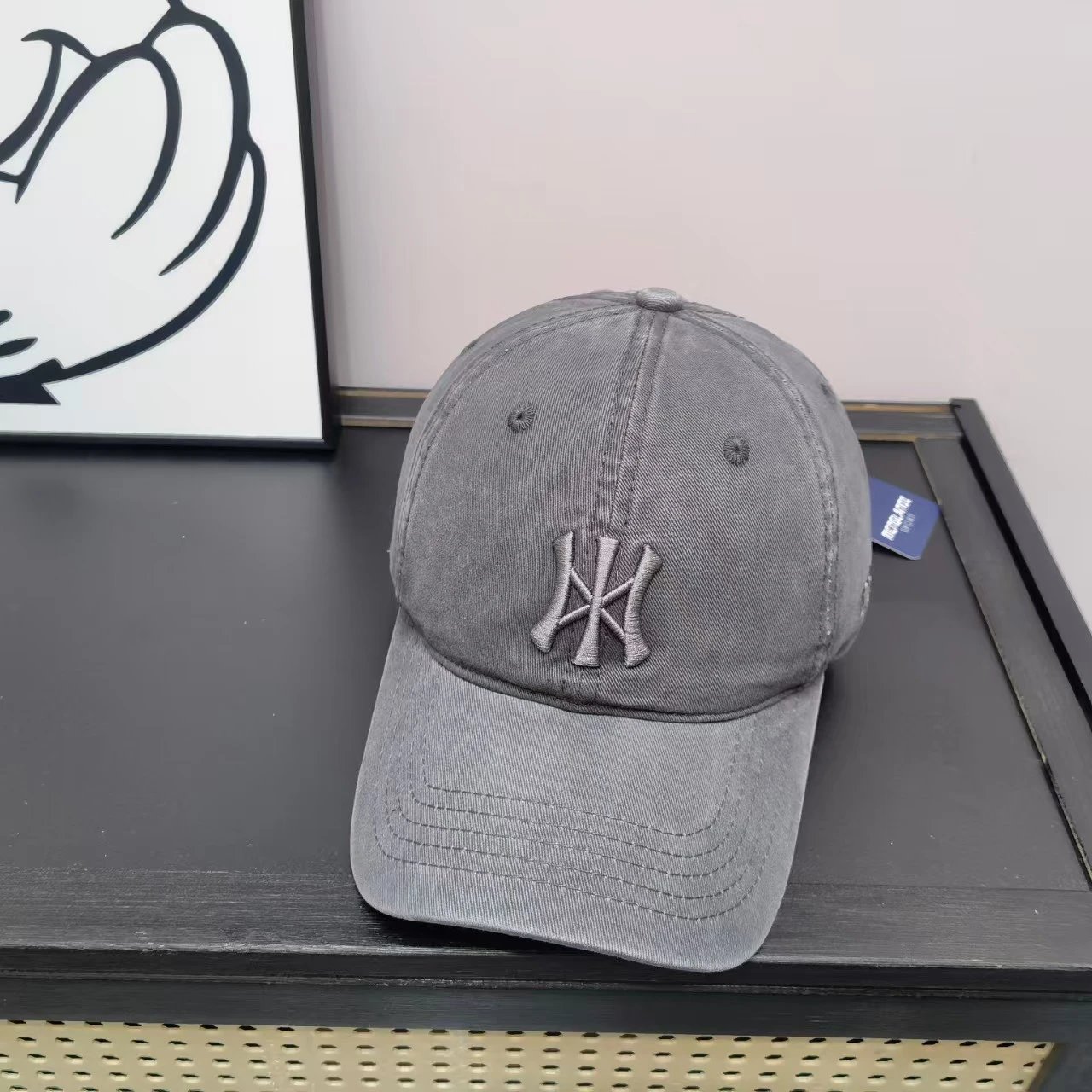 Unbranded Hats Washed cotton baseball cap with embroidered NY monogram image 3