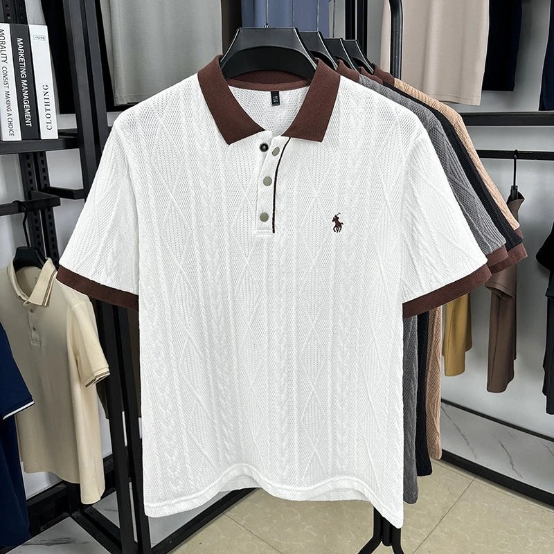 Polo Ralph Lauren Shirts Short-Sleeve Cable-Knit Shirt with Contrast Collar — white