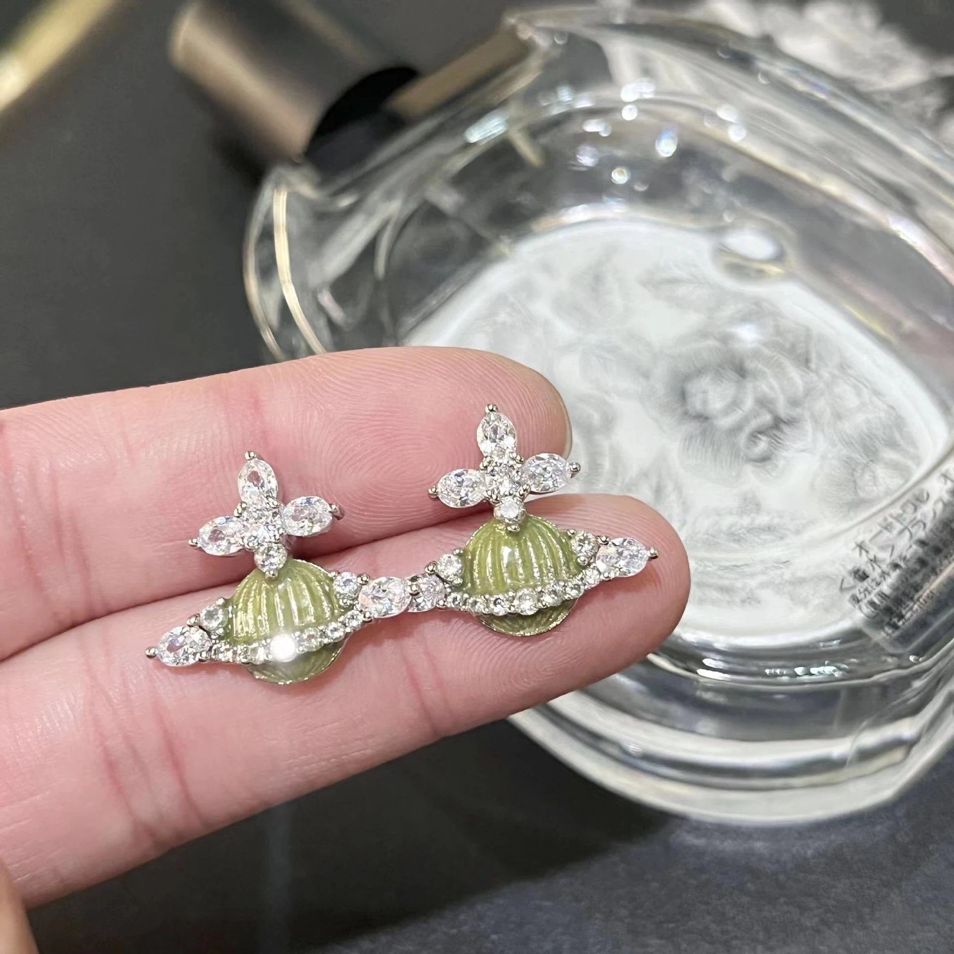 Vivienne Westwood Orb Green Enamel Crystal Earrings