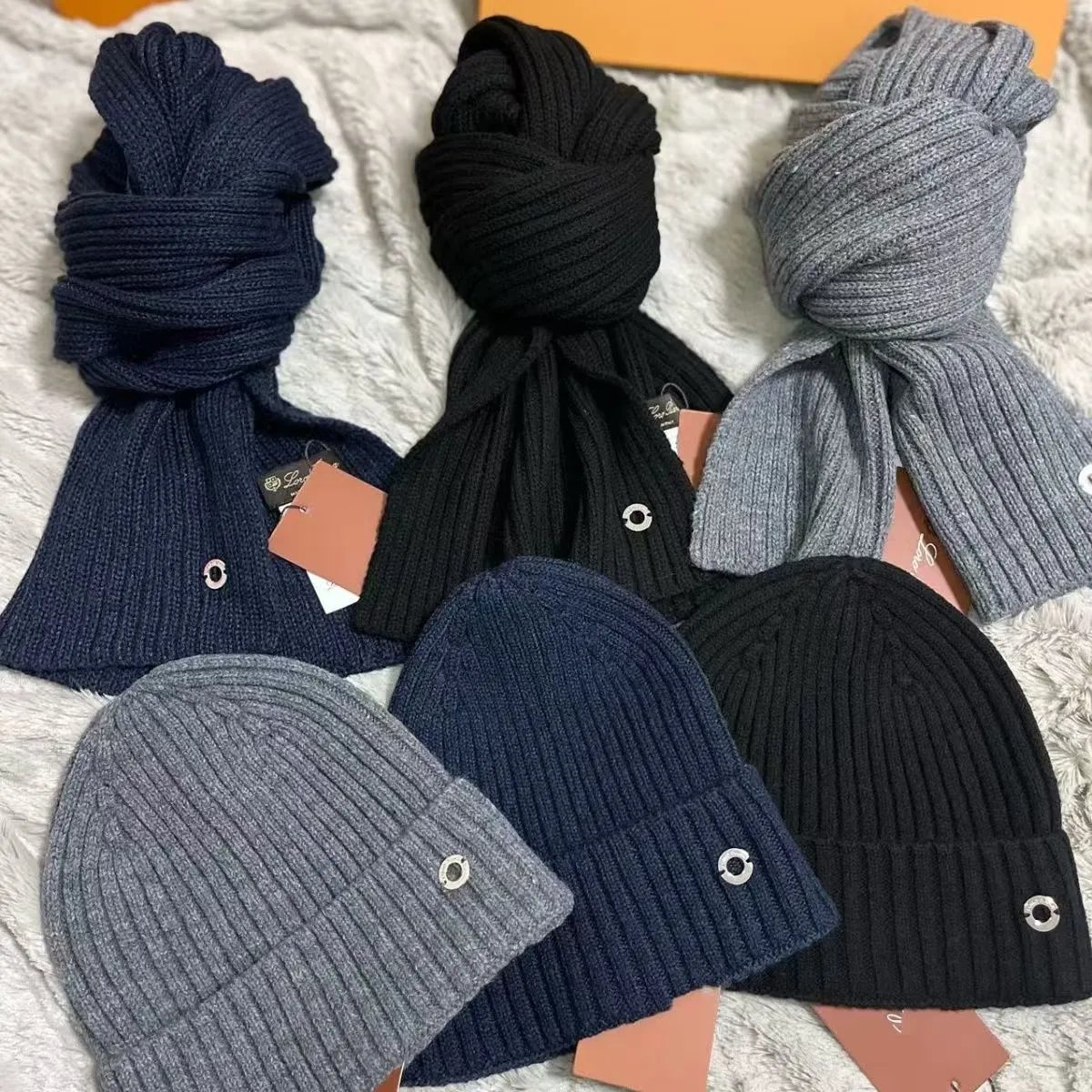 Ribbed Knit Beanie and Scarf Set Navy Black Gray Winter Accessories