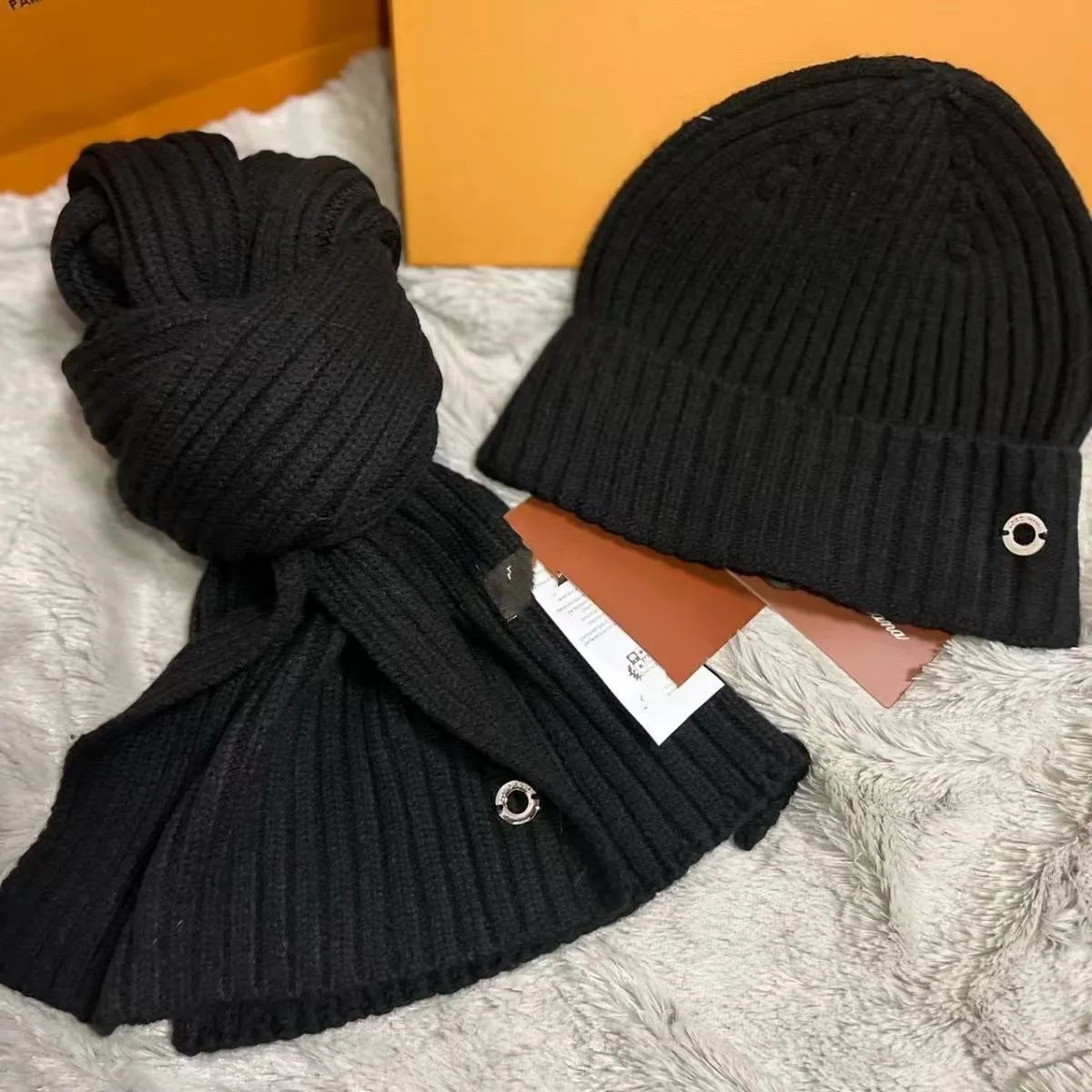Ribbed Knit Beanie and Scarf Set Navy Black Gray Winter Accessories