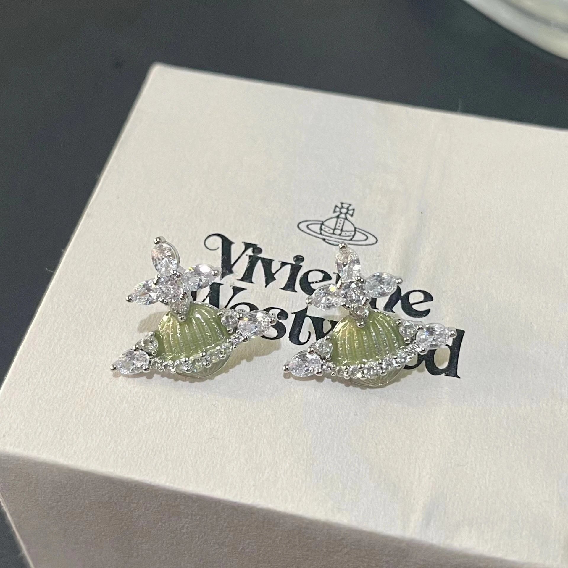Vivienne Westwood Orb Green Enamel Crystal Earrings
