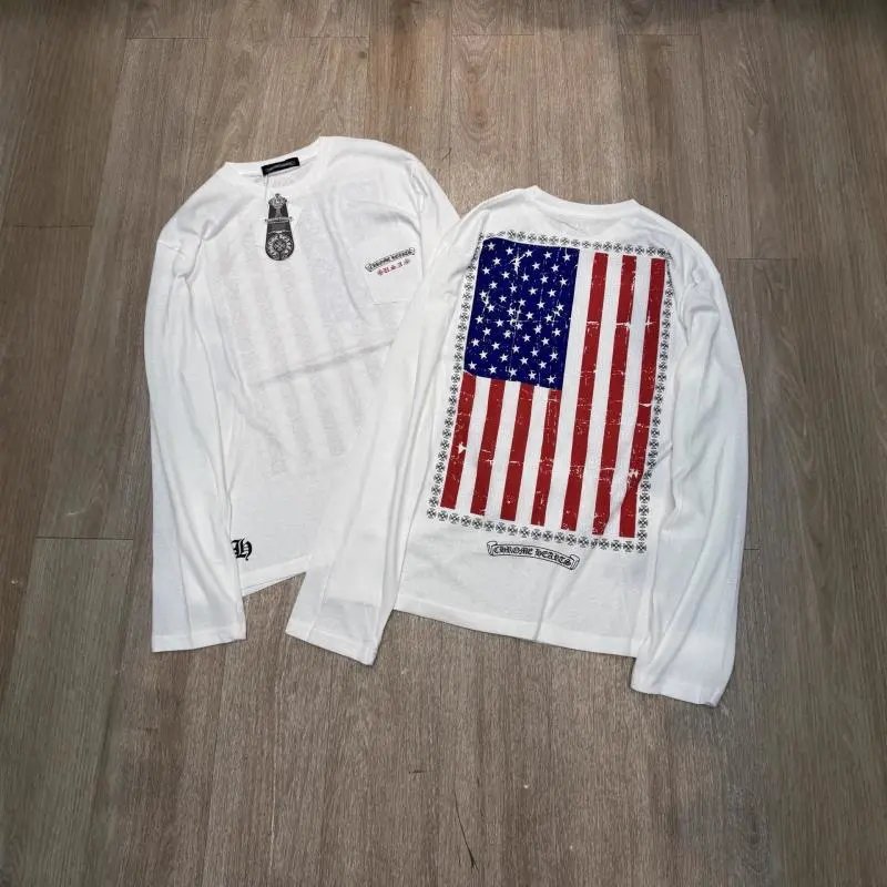 Chrome Hearts White Distressed American Flag Graphic T-Shirt