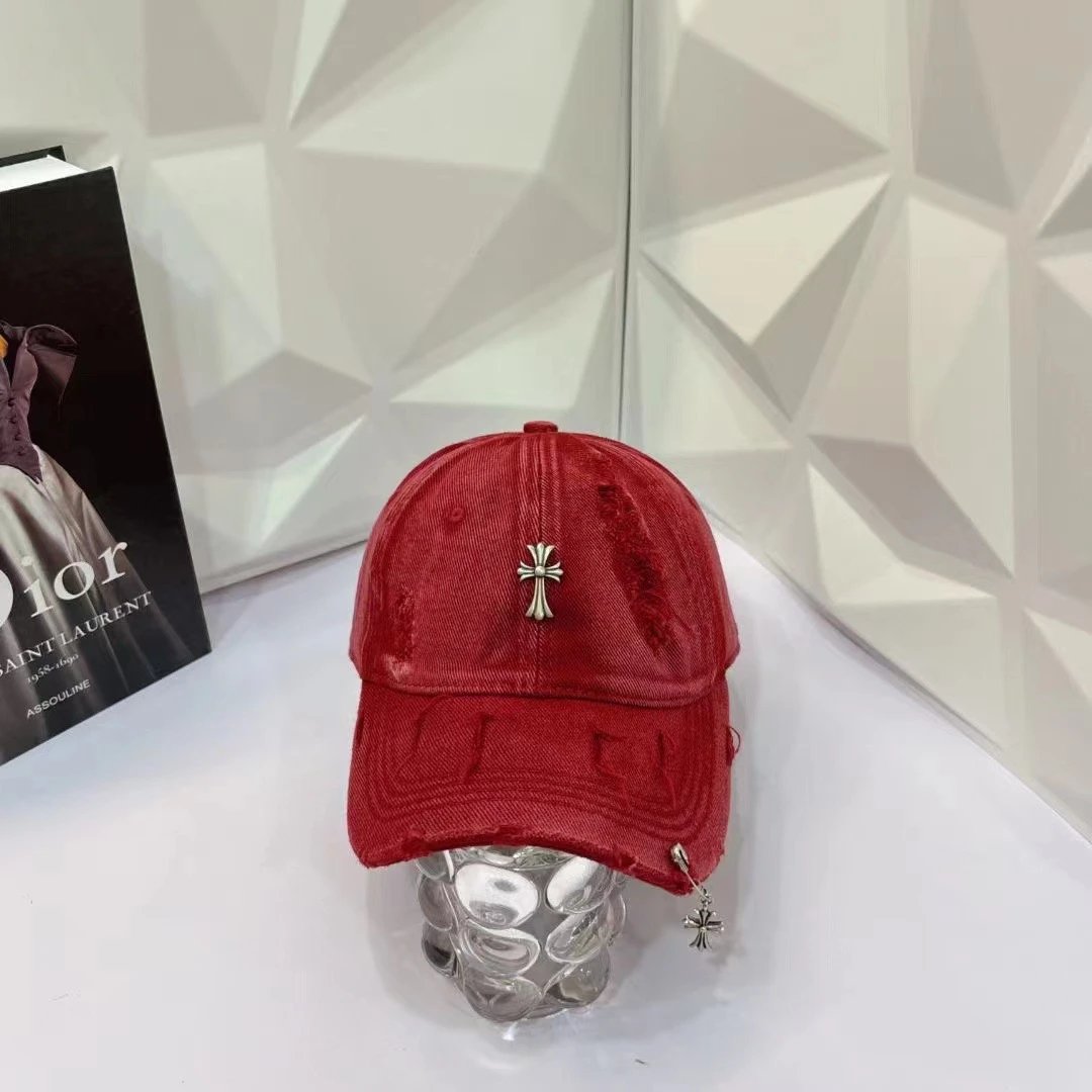 Distressed Denim Cap with Silver Cross Embellishment Beige Black Gray Red Pink Streetwear