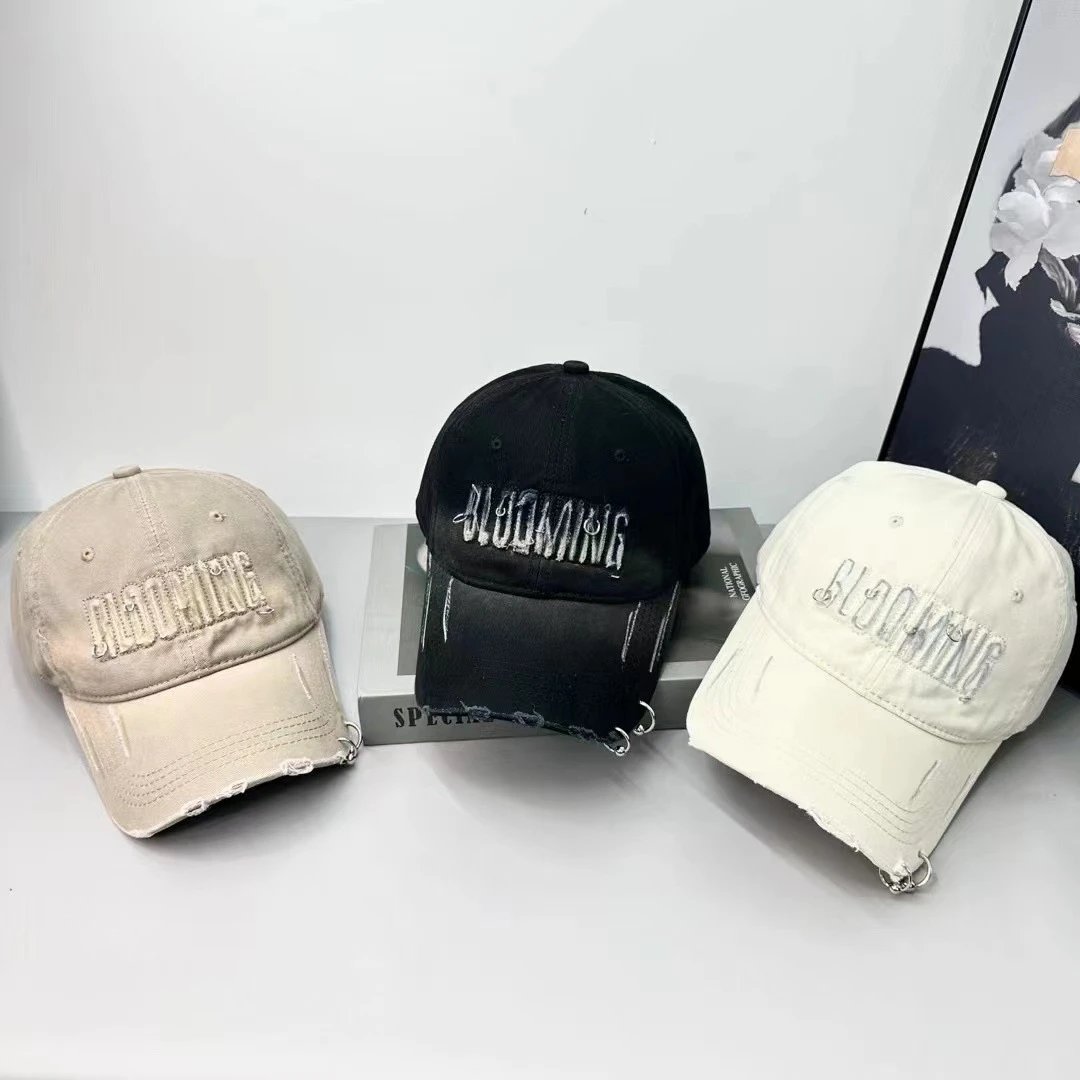Blooming Embroidered Distressed Baseball Cap Beige Black Cream Streetwear