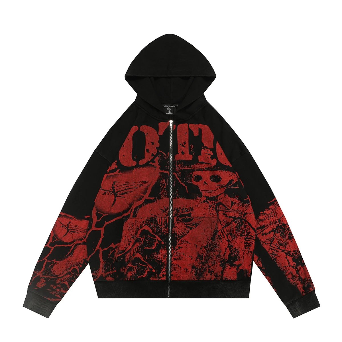 Mixed Emotion Graphic Print Black Red Distressed Zip-Up Hoodie