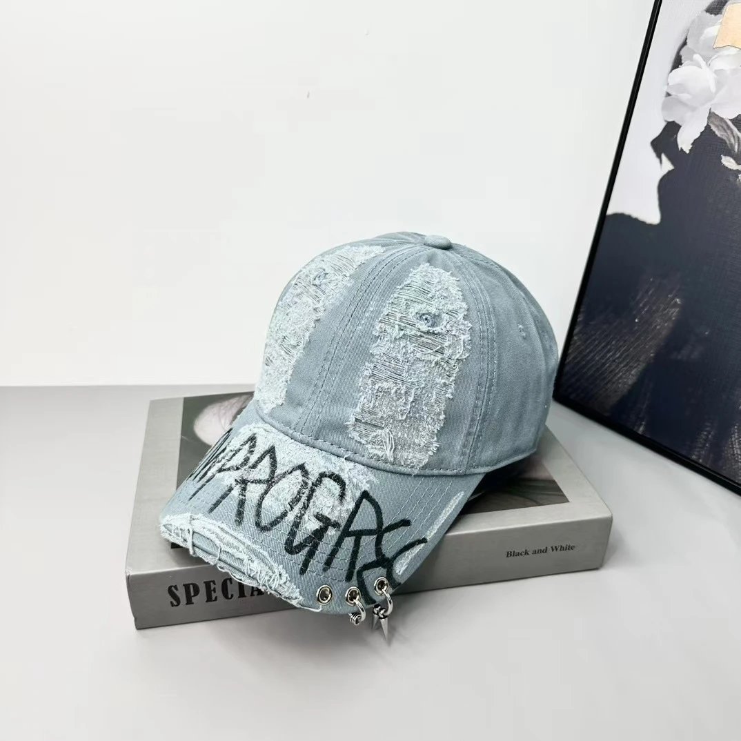 Distressed Denim Baseball Cap Off White Graffiti Style