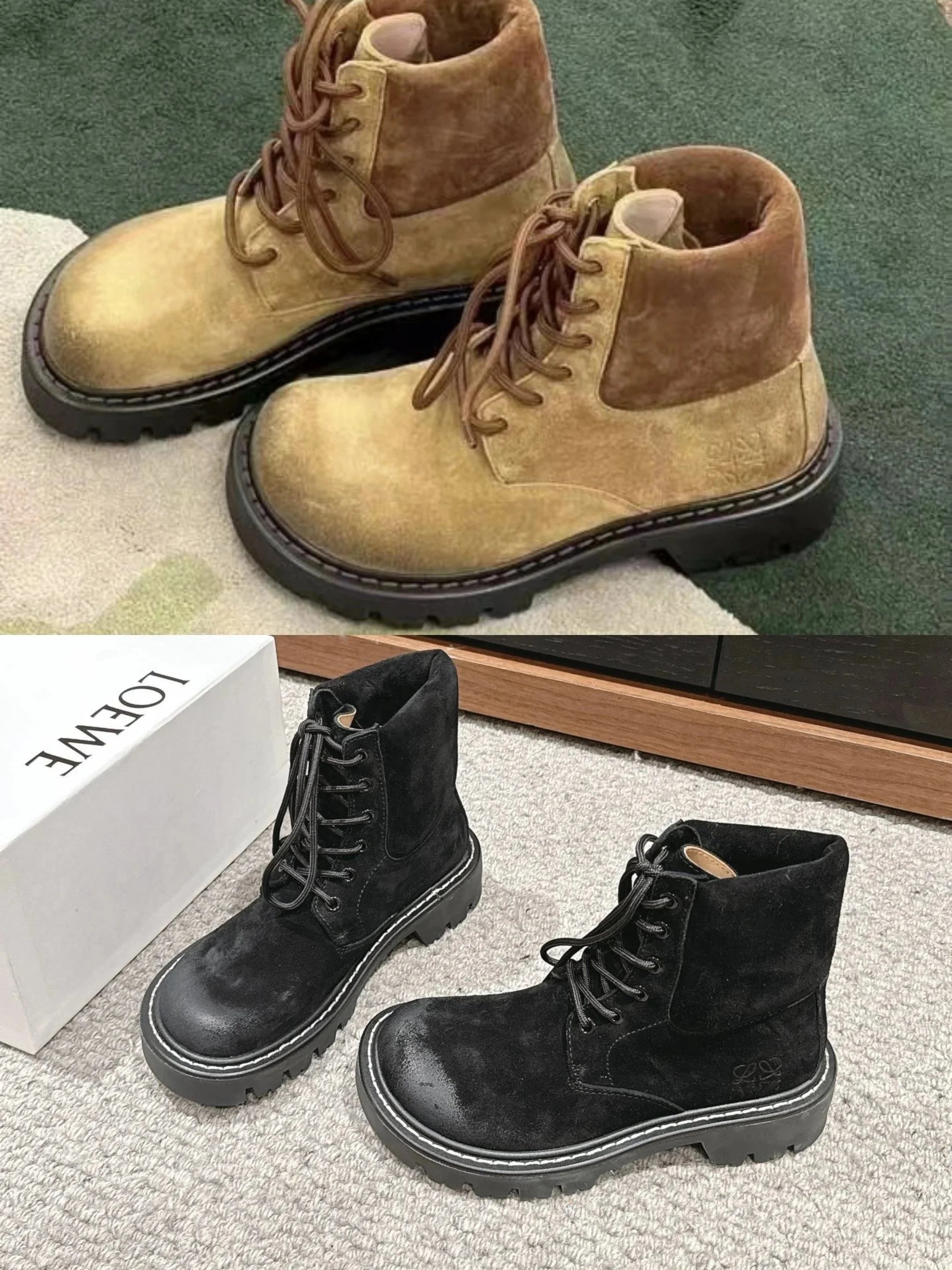 Loewe Anagram Black Suede Combat Boots