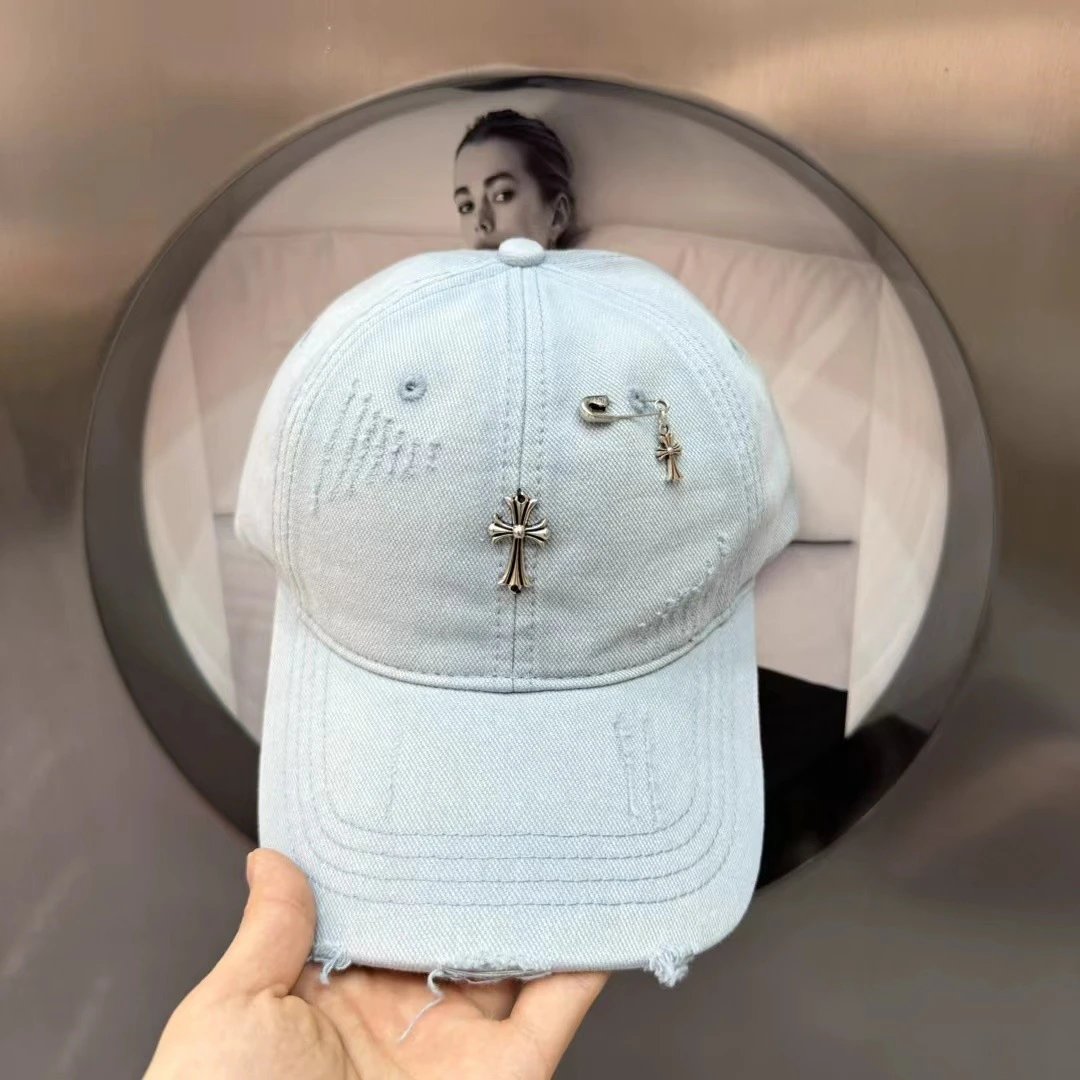 Distressed Denim Baseball Cap with Cross Pin Embellishment