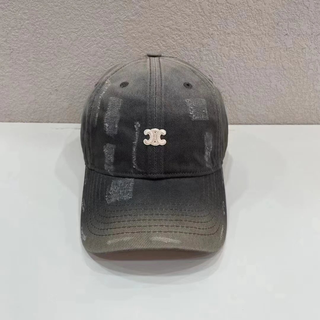Celine Hats Triomphe Logo Distressed Baseball Cap — gray