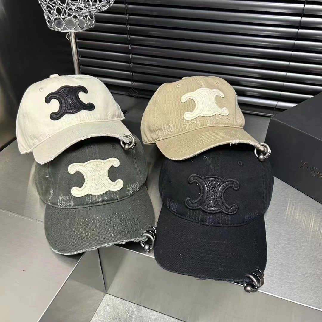 Celine Logo Embroidered Beige White Olive Black Distressed Baseball Cap