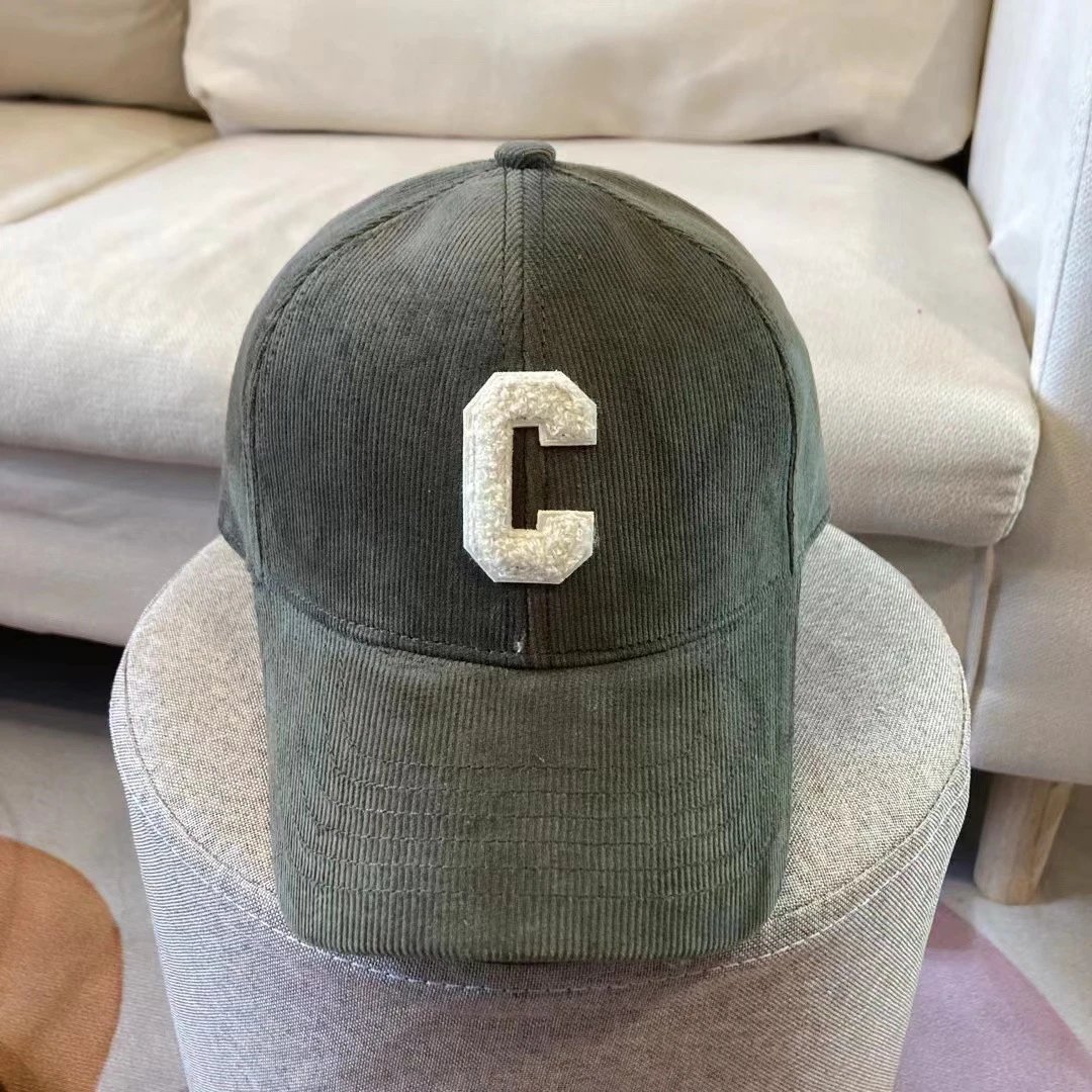 Unbranded Hats Corduroy Baseball Cap with Chenille C Patch — Olive green