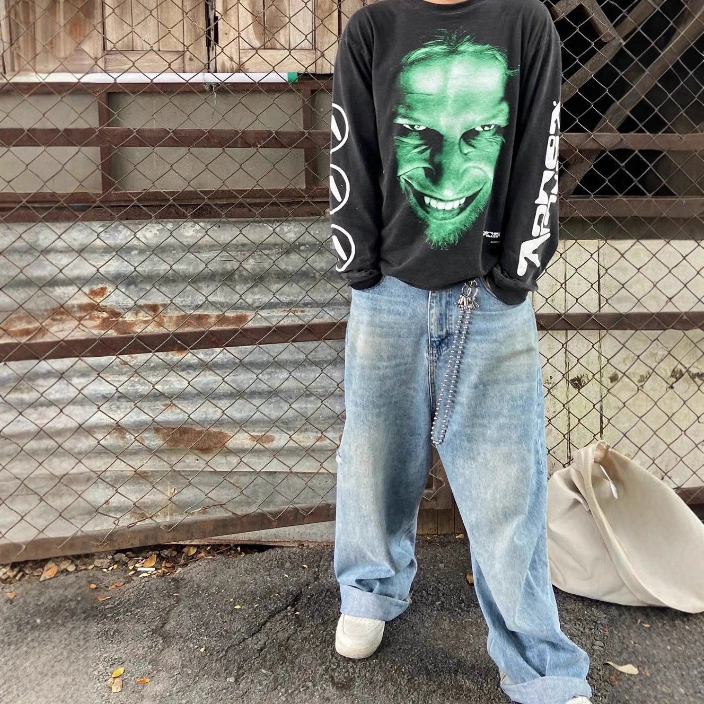 Black Graphic Long Sleeve Tee Green Face Print Streetwear