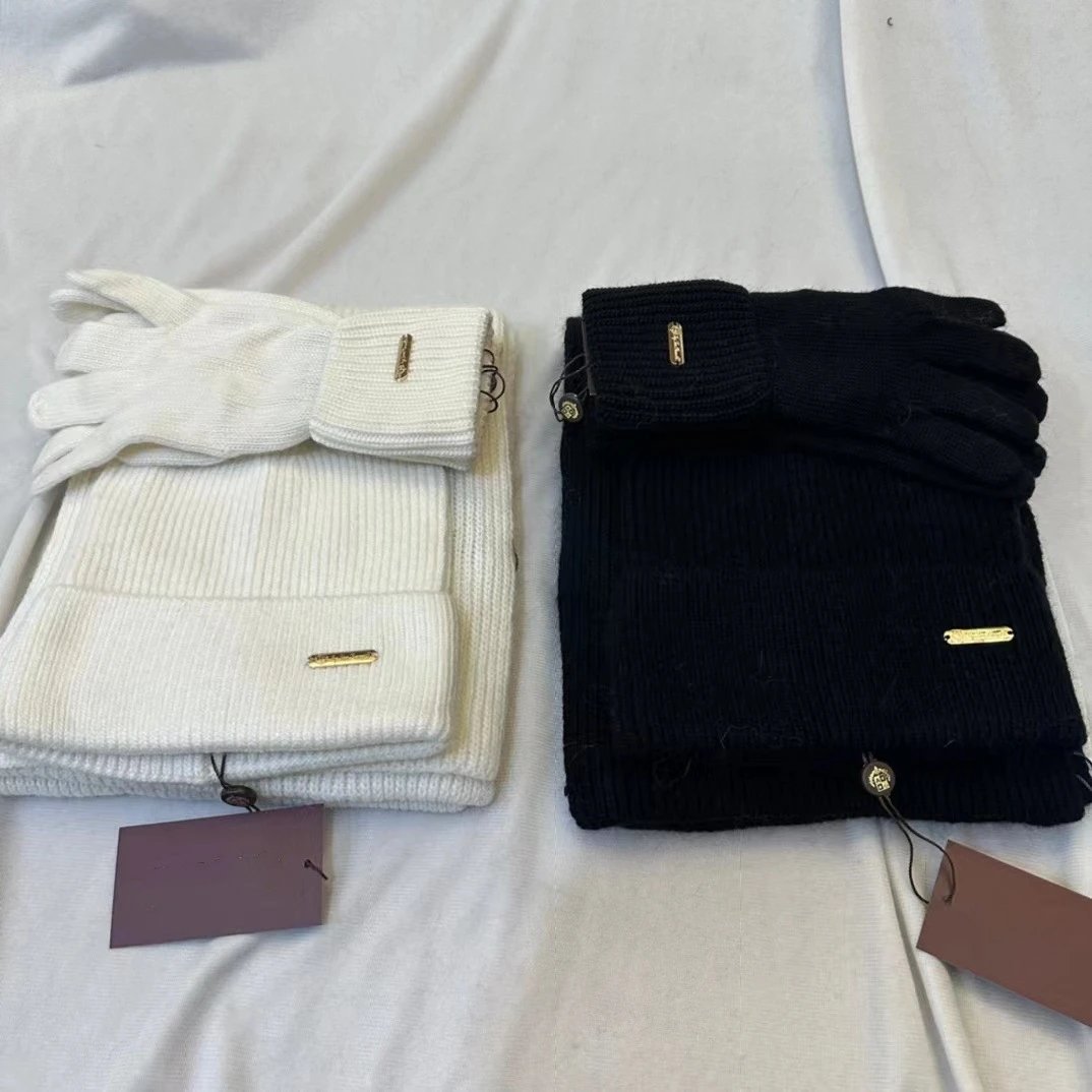 Knitted Beanie Scarf Gloves Set White and Black Gold Accent Winter Accessories