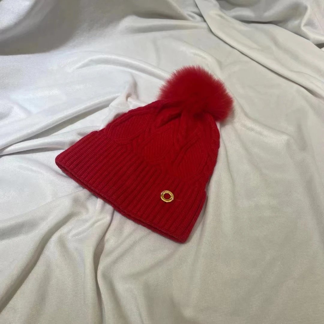 Cable Knit Beanie Hat with Fur Pom Pom in Navy Red Taupe Grey Black White