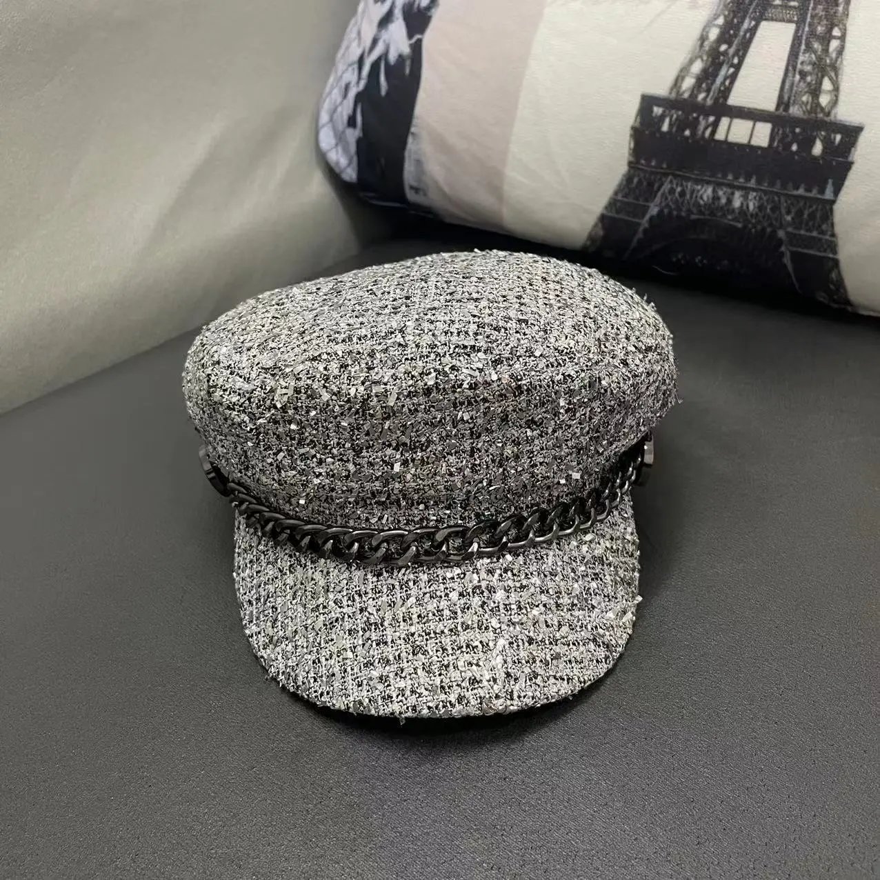 Tweed Baker Boy Cap Gray Chain Detail Military Style