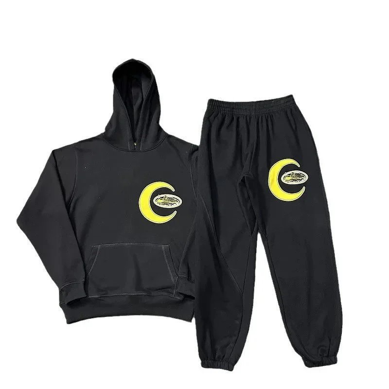 Black Hoodie and Jogger Set with Yellow Crescent Logo Sportswear