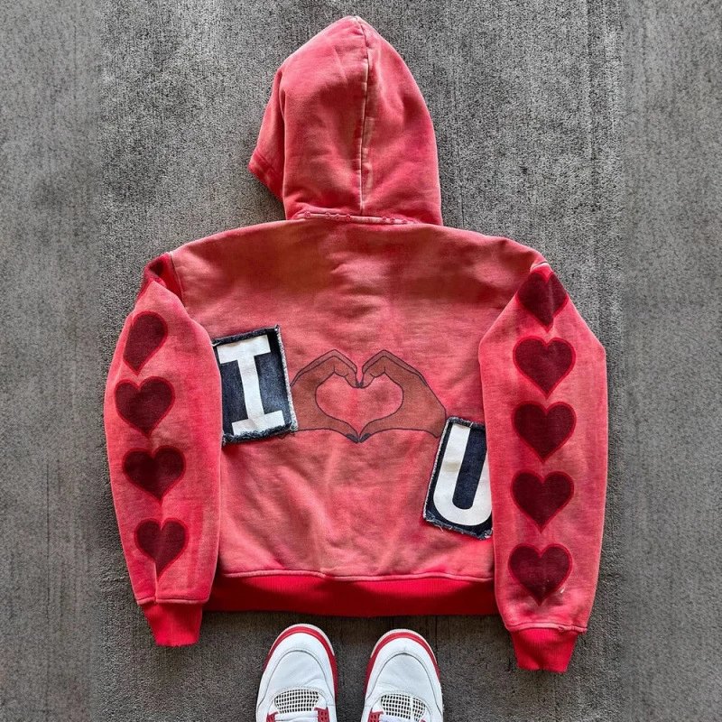 Cotton Hoodie Red Vintage I Heart U Graphic Sweatshirt