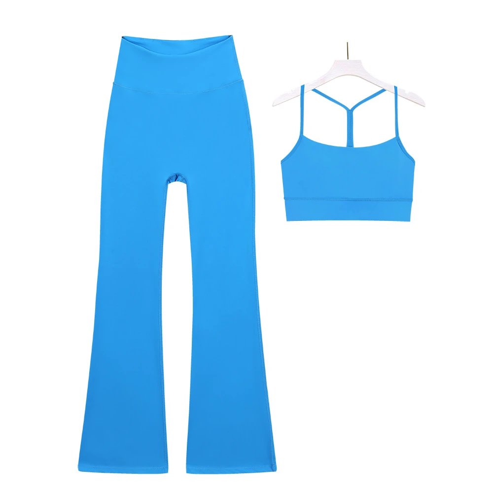 Blue High-Waisted Flared Yoga Leggings and Strappy Sports Bra Set