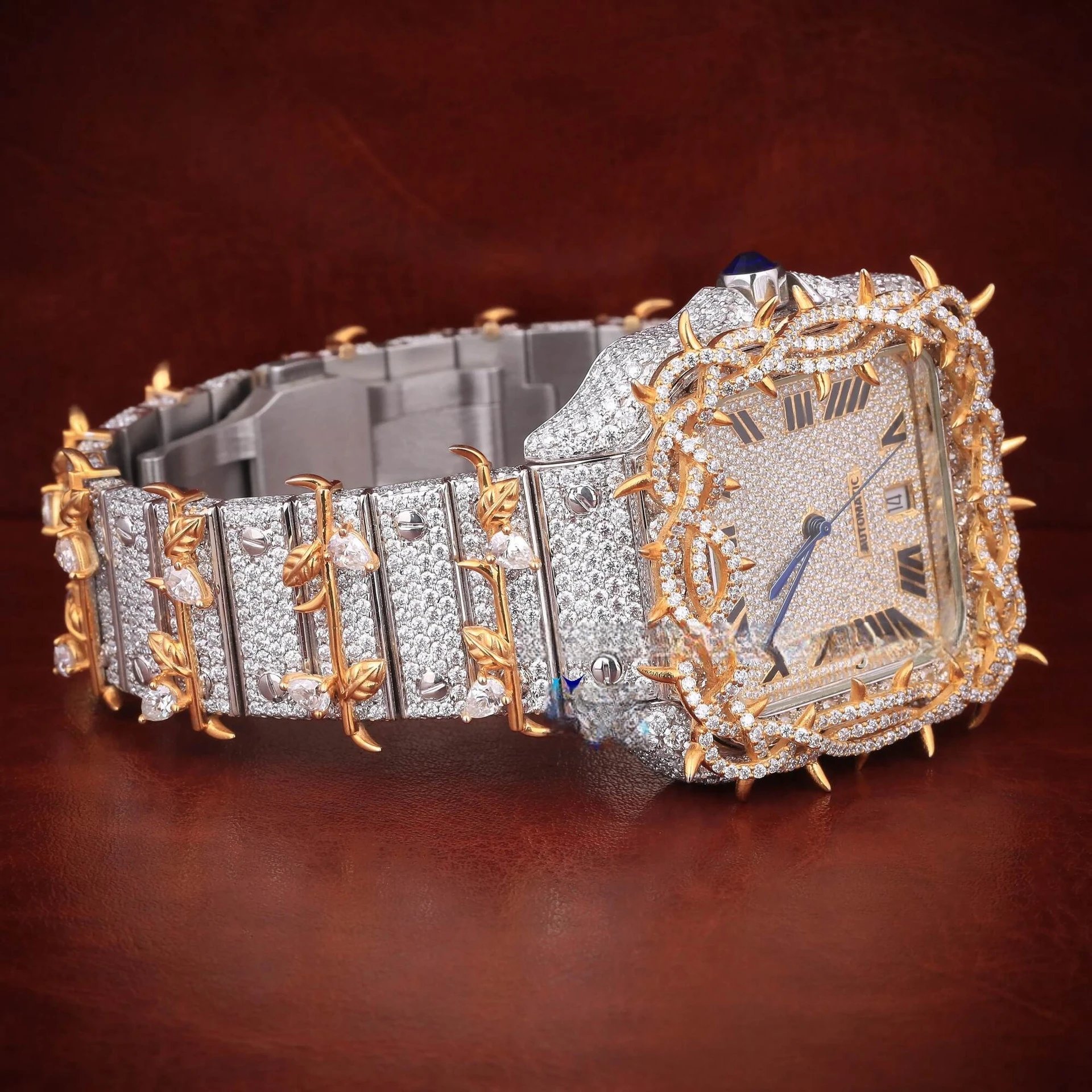 Luxury Square Dial Diamond Encrusted Gold Thorn Motif Automatic Watch