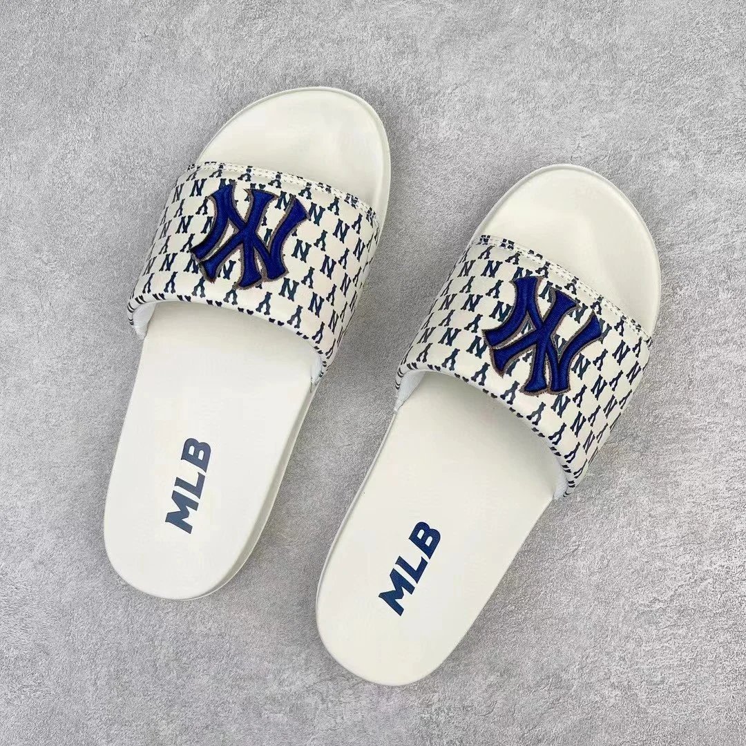 MLB Slide Sandals White Black Beige Patterned Casual Slippers