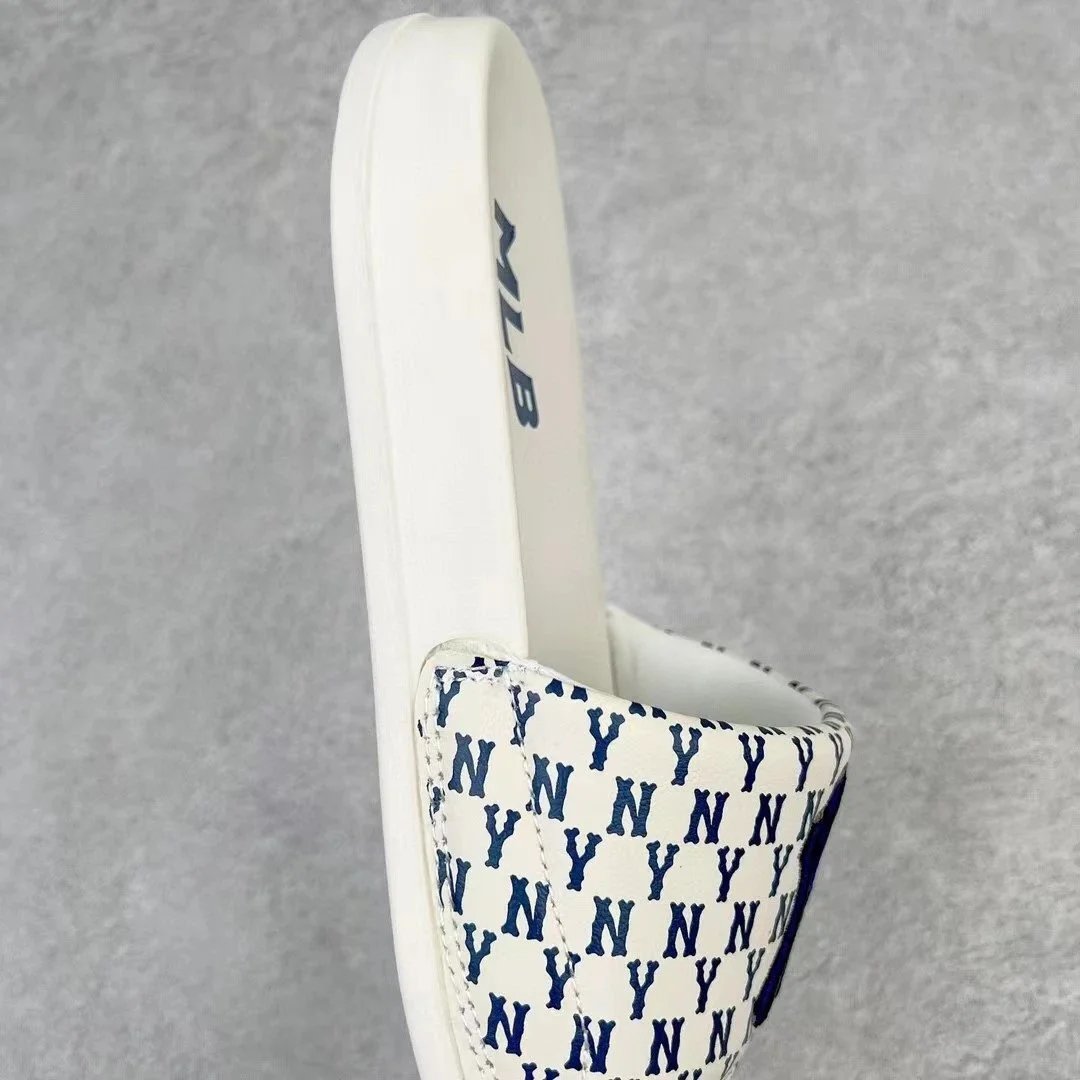 MLB Slide Sandals White Black Beige Patterned Casual Slippers