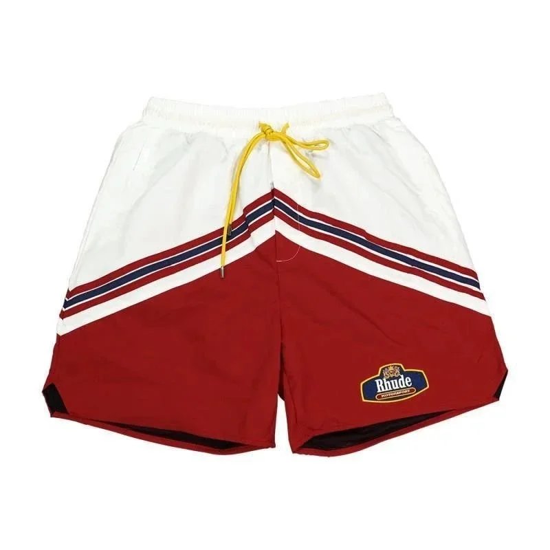Black Beige Panelled Shorts with Yellow Drawstring and Embroidered Motif