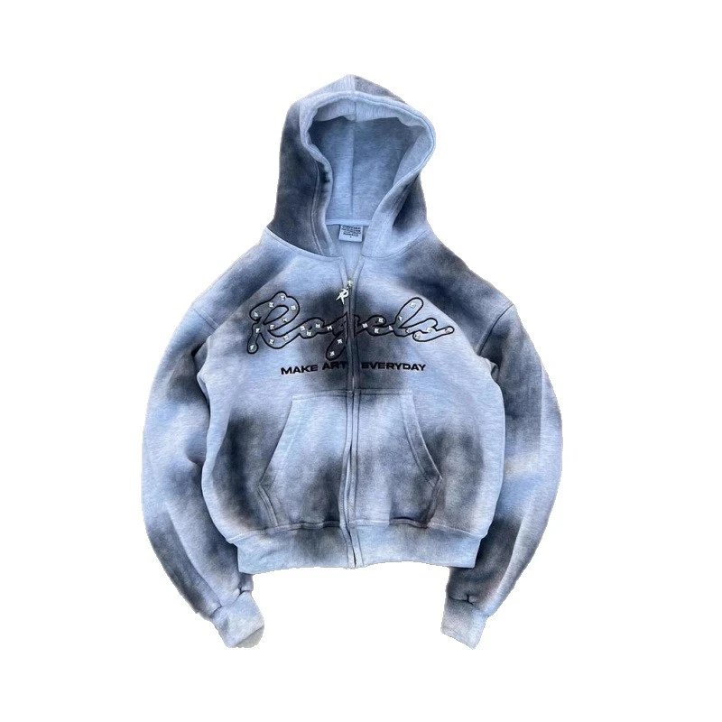Rogele Distressed Brown Cropped Zip-Up Hoodie