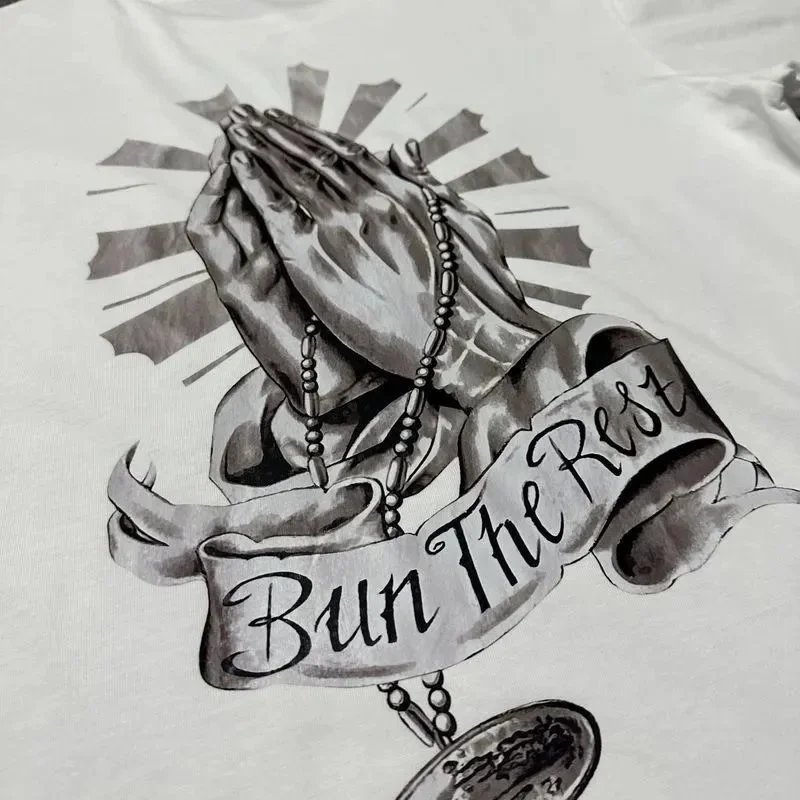 White Cotton T-Shirt With Black Graphic Print Casual Tee